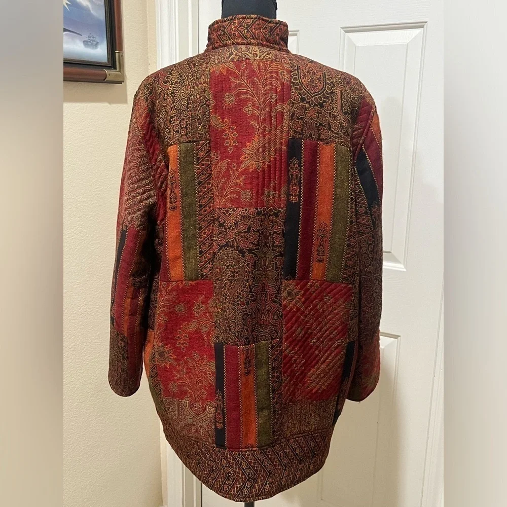 CHICO’S BOHO TAPESTRY PATCHWORK WOOL COAT, 3/4 LENGTH SIZE 1=( M—8)